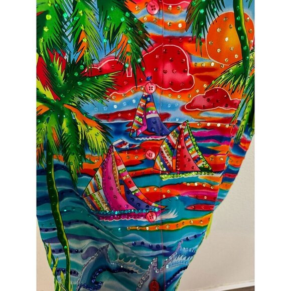 Diane Gilman Silk Blouse Top Size Large Sequin Tropical Dolphin Colorful - Picture 7 of 12
